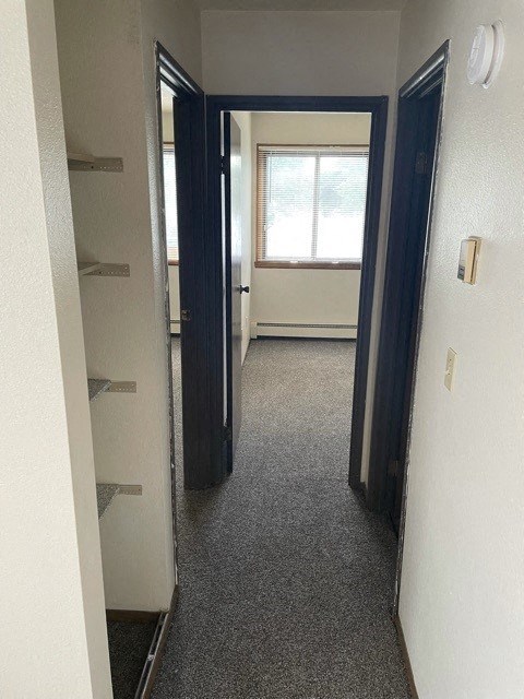 a hallway with two closets and a window in a room