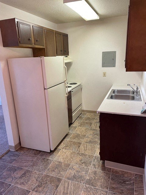 a kitchen with a white refrigerator and a sink