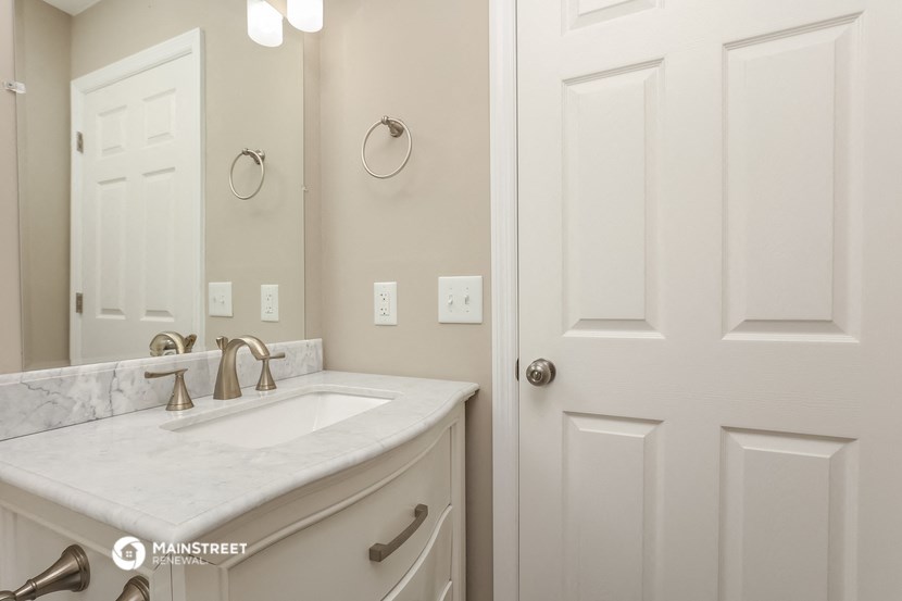 a bathroom with a sink and a white door