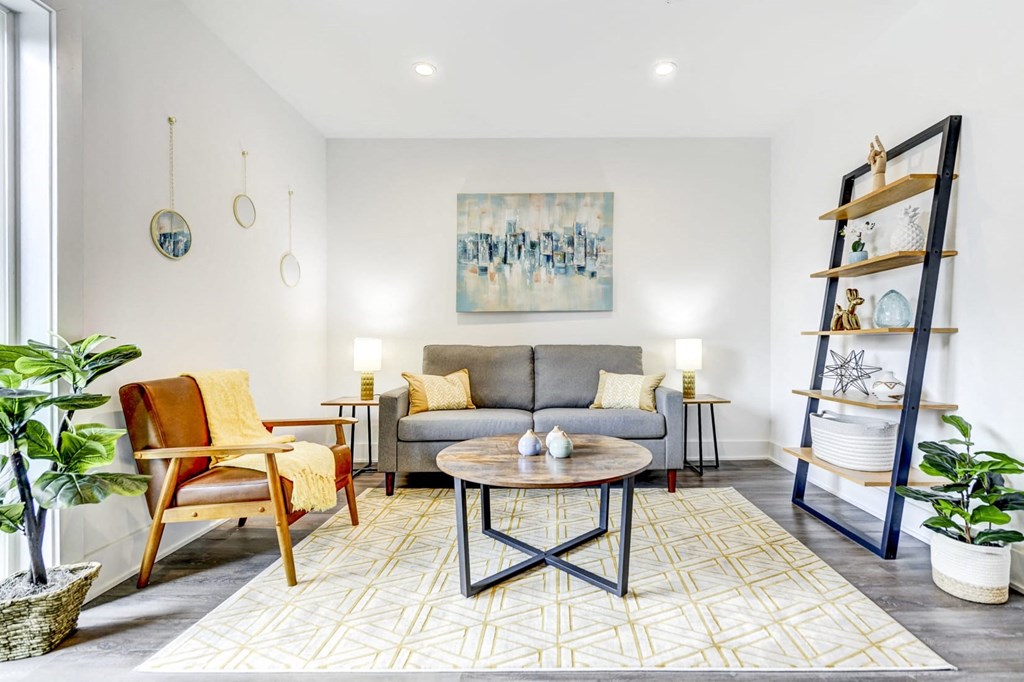 a living room with a couch and a table