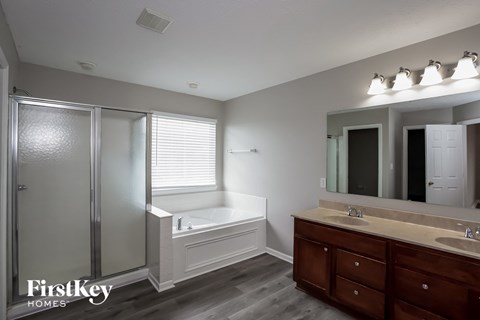 a bathroom with a tub and a sink and a mirror