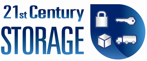 a blue logo with the words 21st century storage and a lock and a box