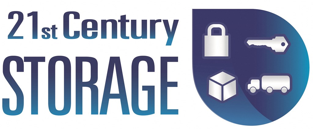 a blue logo with the words 21st century storage and a lock with a chain