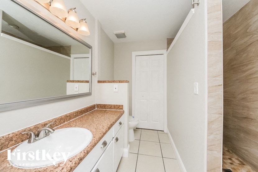 a bathroom with a sink and a mirror and a toilet