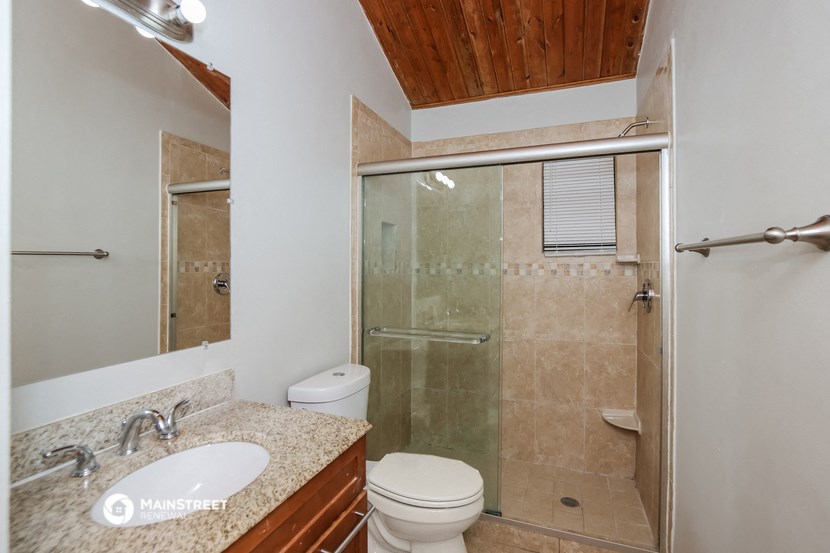 a bathroom with a shower and a sink and a toilet