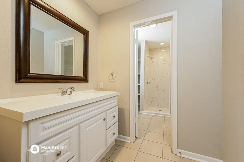 a bathroom with a sink and a mirror and a shower