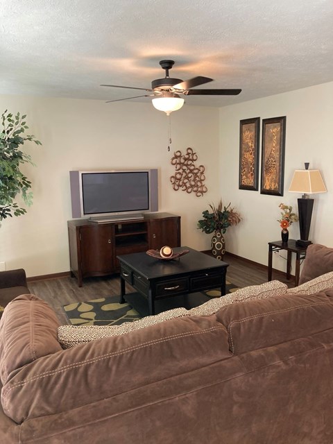 a living room with a couch and a tv