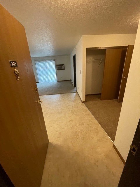 A hallway with a door on the left and another door on the right.