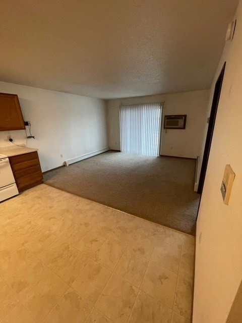 A room with a brown carpet and a white wall.