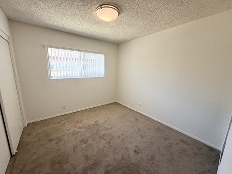 A room with a window and carpeted floor.