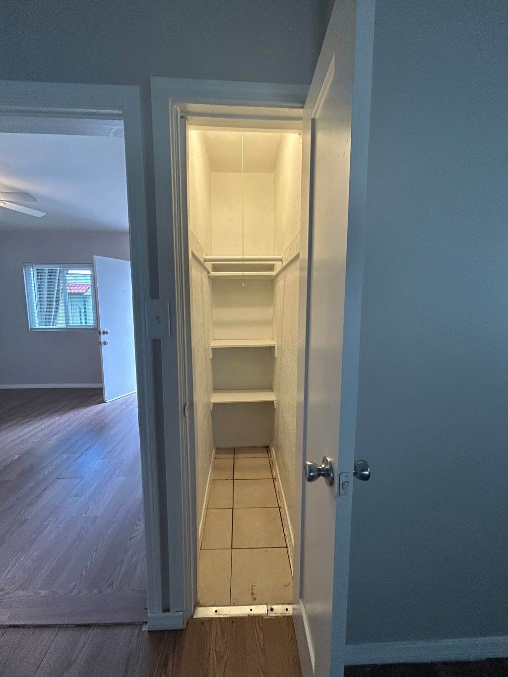 a closet with empty shelves in a room with a door