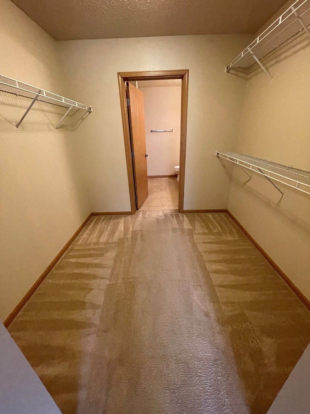 a empty room with a hallway with shelves and a door to a closet
