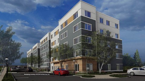 a rendering of an apartment building with cars parked in front of it