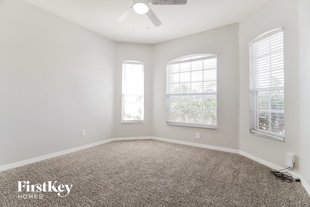 a bedroom with carpet and two windows and a ceiling fan