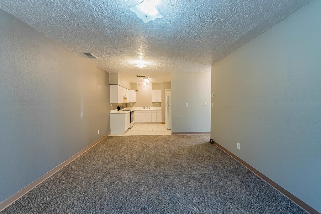 a spacious living room and kitchen with a carpeted floor