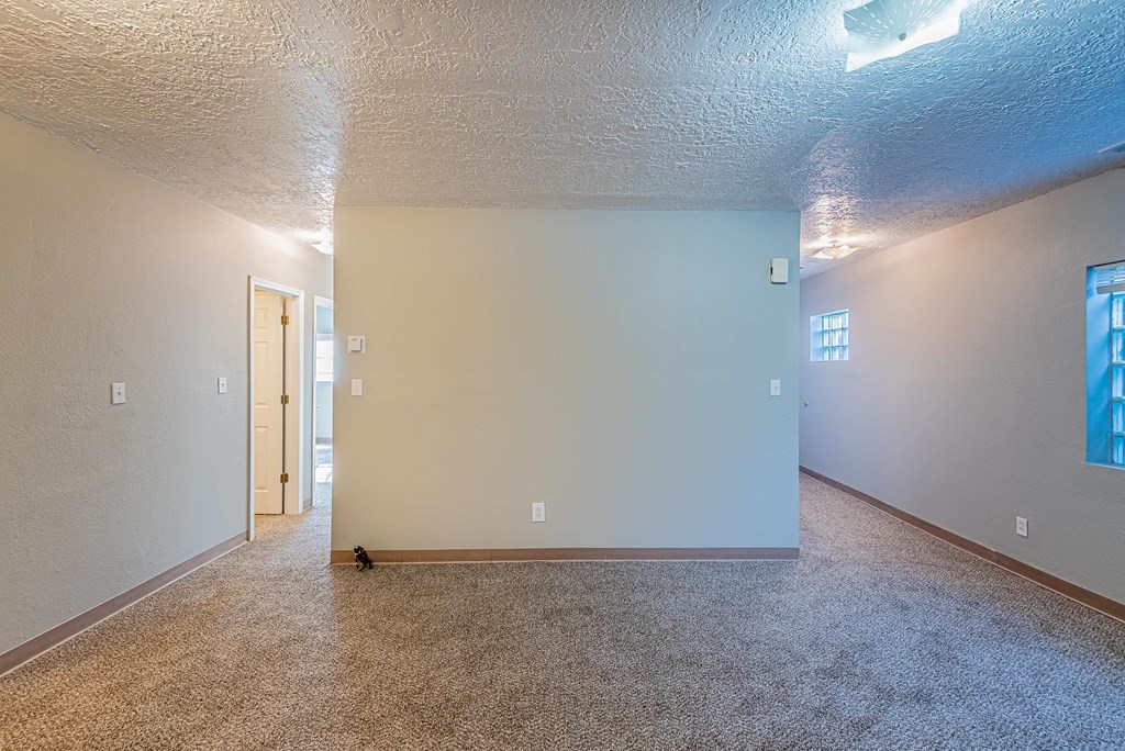 a empty living room with a white wall and carpeting