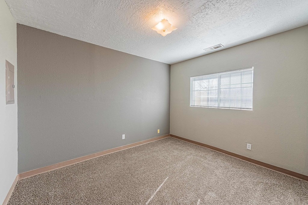 an empty room with carpet and a window