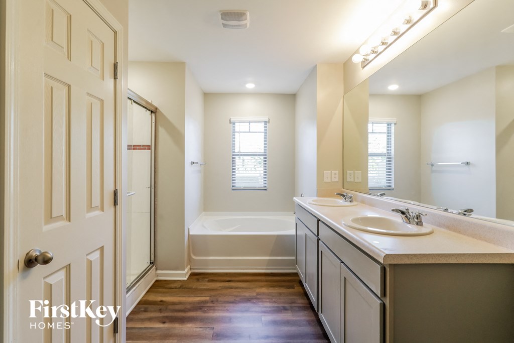 a bathroom with a sink and a shower and a bath tub