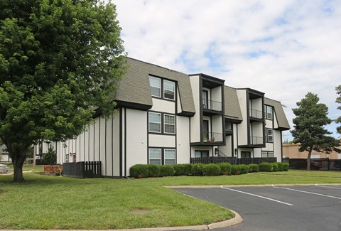 an apartment building with white and black facade and a tree