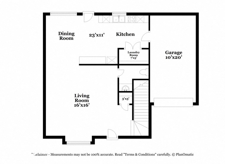 a floor plan of a living room with a dining room and a garage