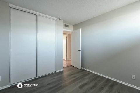 a bedroom with two closets and a door to a hallway