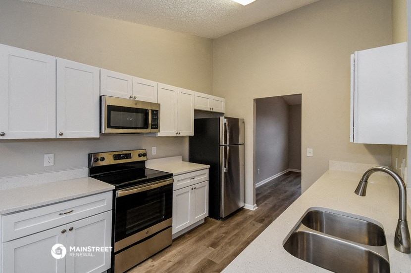 the preserve at ballantyne commons apartment kitchen with stainless steel appliances