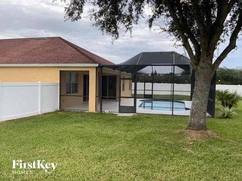 A house with a pool and a tree in the front yard.