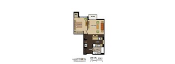 2d floorplan of a 1 bedroom, 1 bathroom unit