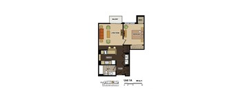 2d floorplan of a 1 bedroom, 1 bathroom unit