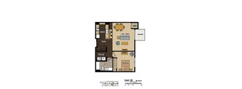 2d floorplan of a 1 bedroom, 1 bathroom unit