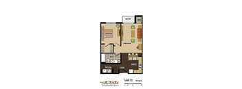 2d floorplan of a 1 bedroom, 1 bathroom unit