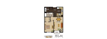 2d floorplan of a 1 bedroom, 1 bathroom unit