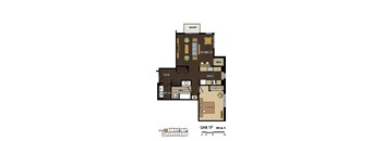 2d floorplan of a 1 bedroom, 1 bathroom unit