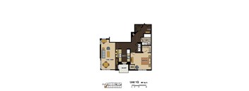 2d floorplan of a 1 bedroom, 1 bathroom unit