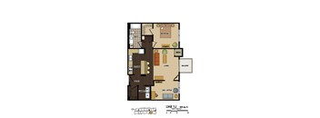2d floorplan of a 1 bedroom, 1 bathroom unit
