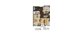 2d floorplan of a 2 bedroom, 1 bathroom unit
