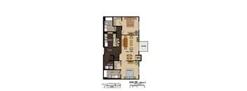 2d floorplan of a 2 bedroom, 2 bathroom unit