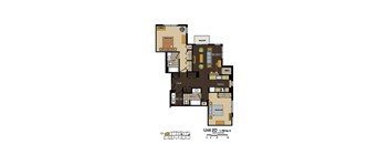 2d floorplan of a 2 bedroom, 2 bathroom unit