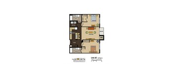2d floorplan of a 2 bedroom, 2 bathroom unit