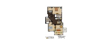 2d floorplan of a 2 bedroom, 2 bathroom unit