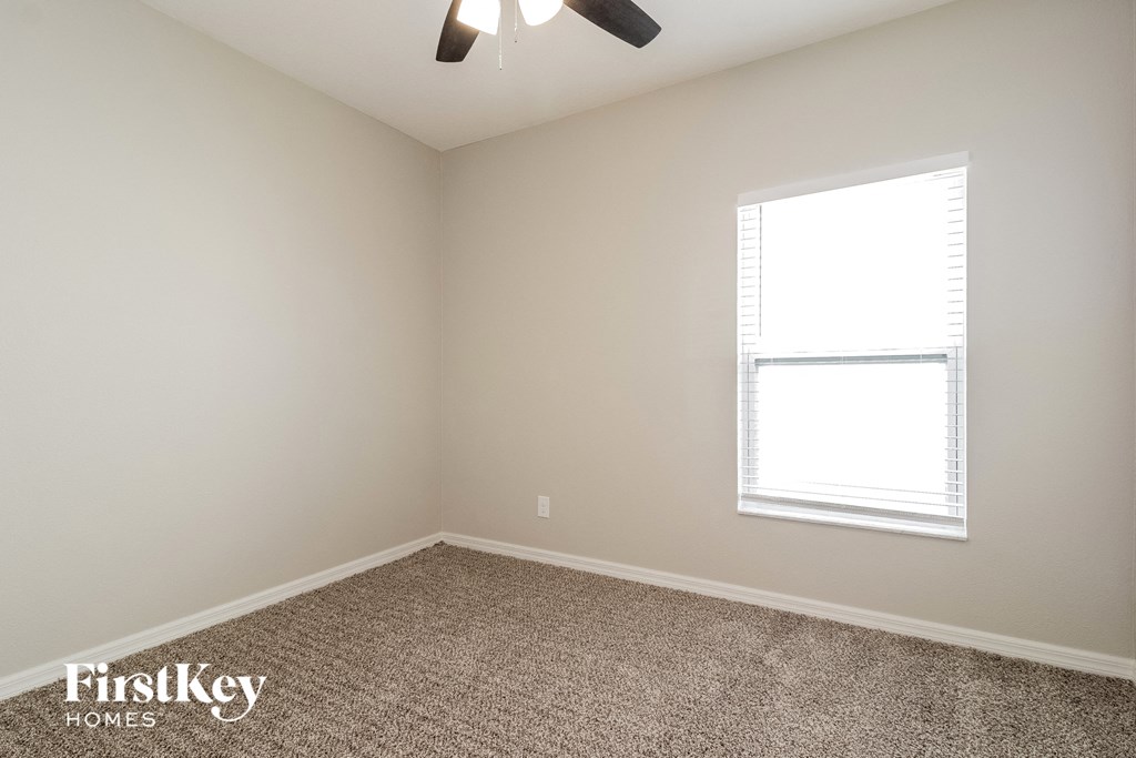 A room with a carpet floor, a ceiling fan, and a window with blinds.