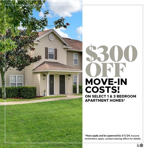 $300 OFF Move-In Costs on Select 1 and 3 Bedroom Apartment Homes!