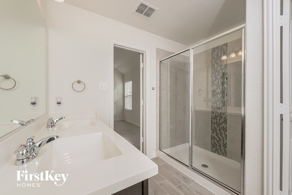 a bathroom with a sink and a shower and a mirror