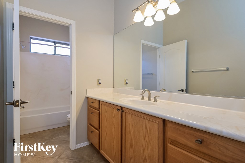 a bathroom with a large sink and a large mirror
