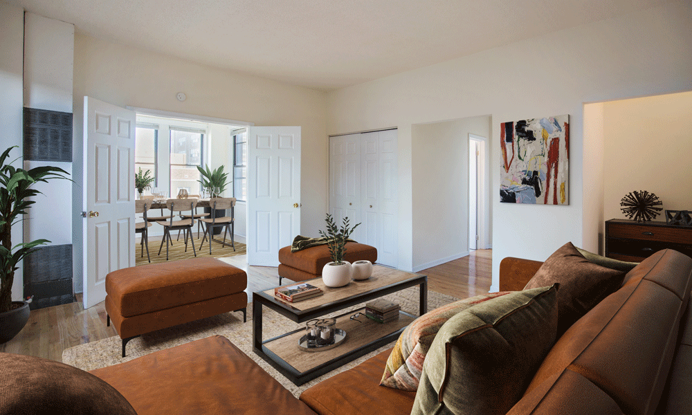 a living room with a couch and a table