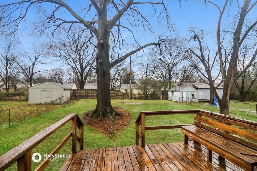 a backyard with two wooden benches and a tree