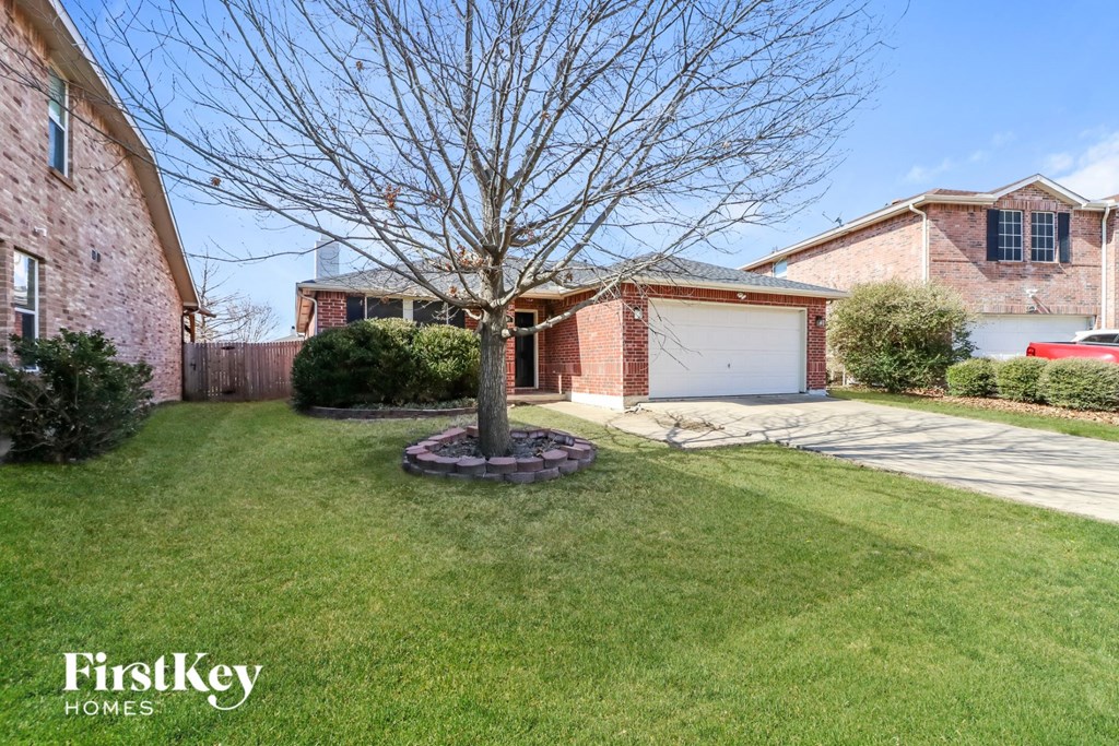A tree in a yard with a house in the background.