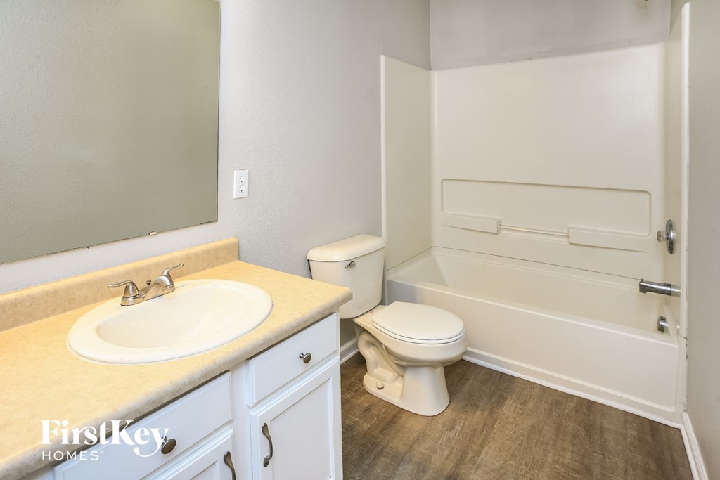 a bathroom with a sink and a toilet and a bath tub