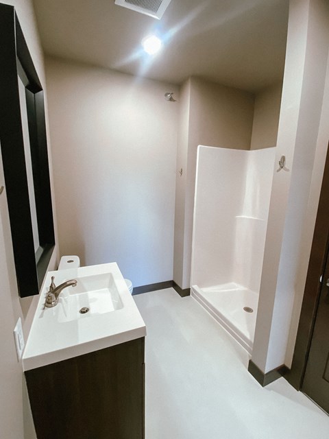A bathroom with a sink and a shower.