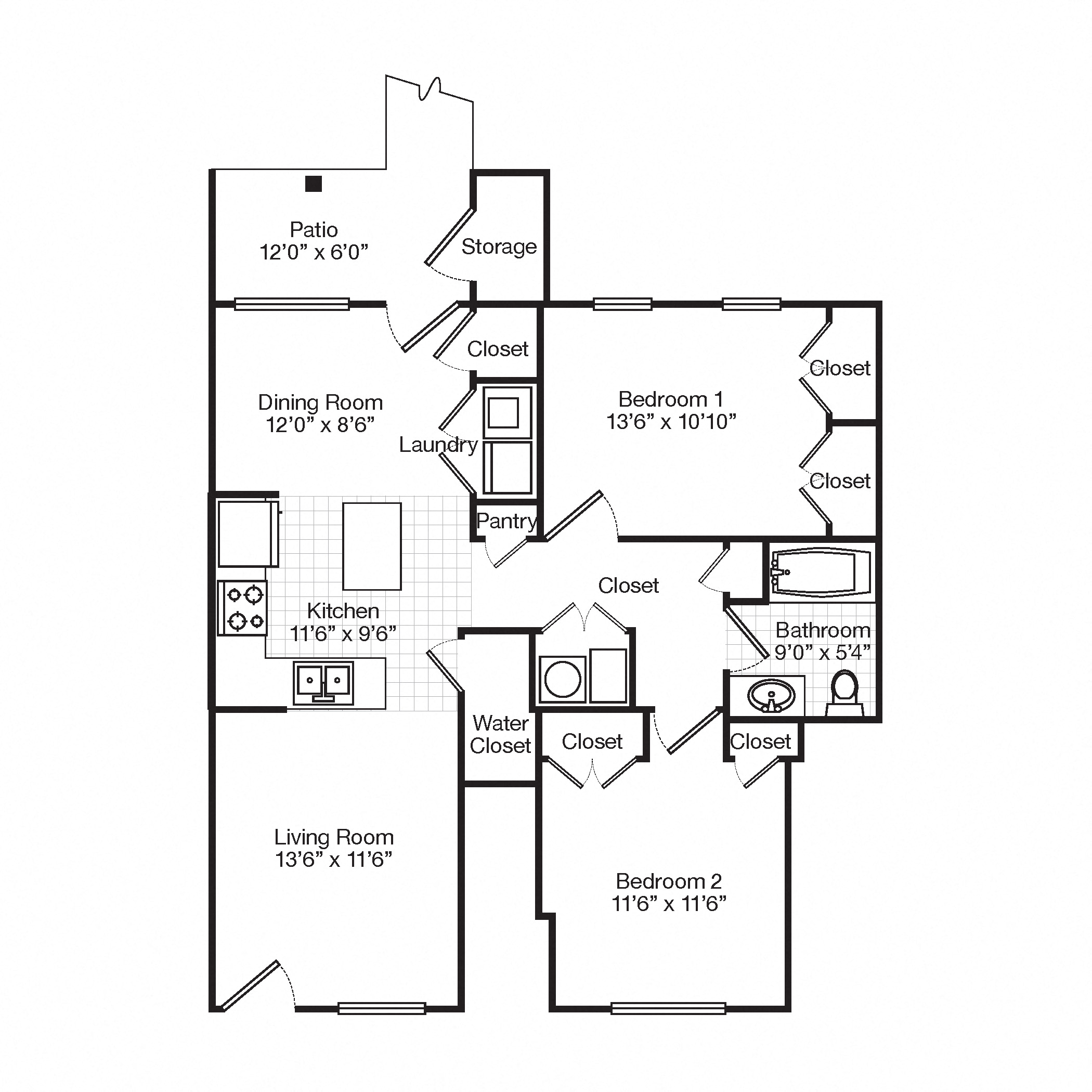 2 Bedroom 2 Bath Stack 2D Floorplan, Bedford Hill Apartments, Pittsburgh, PA